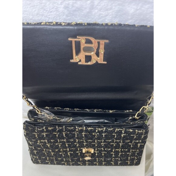 Bagley Mischka Textured Messenger Bag Tweed Black Gold Vegan Leather NEW - Picture 4 of 9